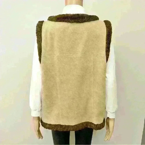 Vintage Oversized  Nature Tone Beige Fleece Button Down Vest with Faux Fur - Picture 5 of 12